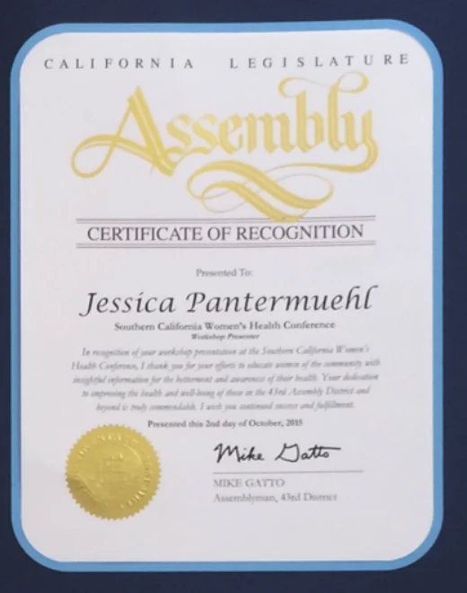 California State Assembly certificate of recognition presented to Jessica Pantermuehl