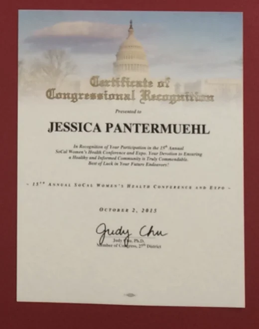 Certificate of Congressional Recognition presented to Jessica Pantermuehl