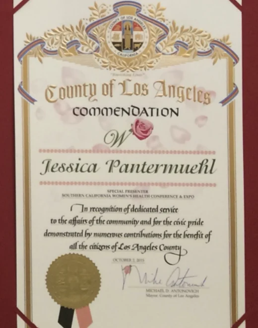 County of Los Angeles commendation presented to Jessica Pantermuehl