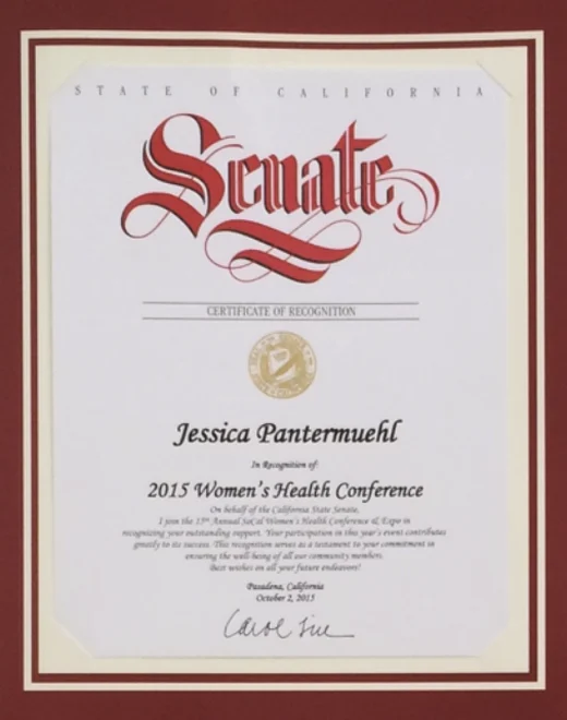 California State Senate certificate of recognition presented to Jessica Pantermuehl